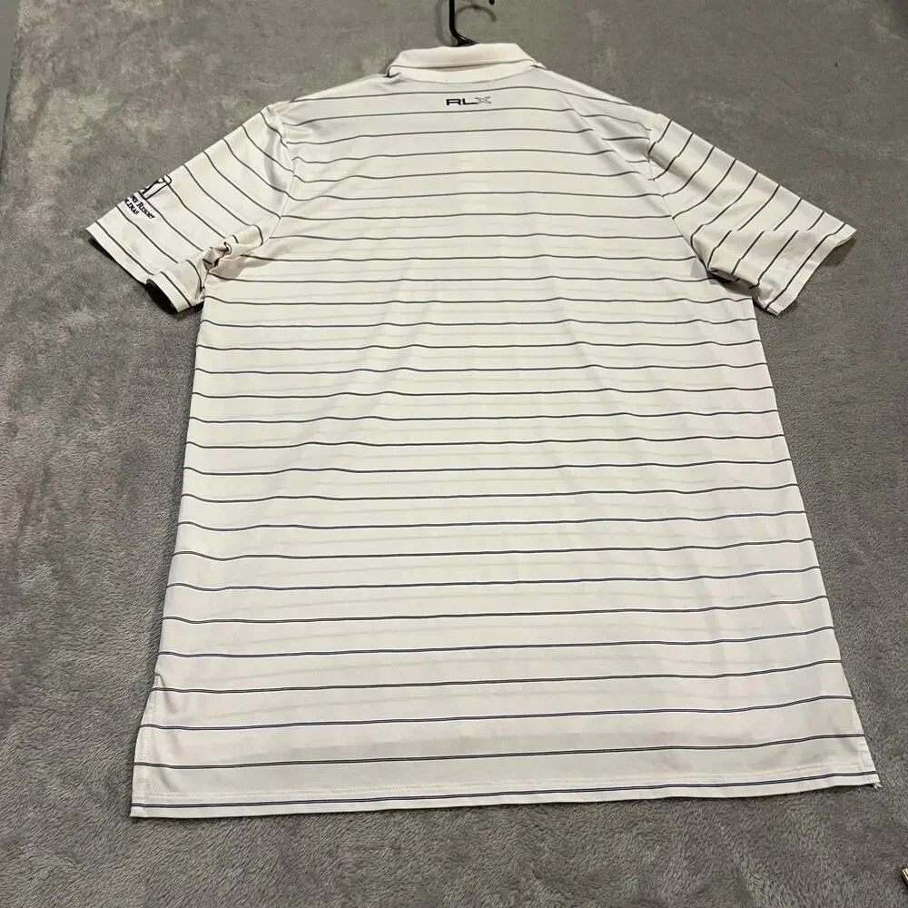RLX Ralph Lauren Polo Shirt Mens Large White Blue Stripe Golf TPC Four Seasons